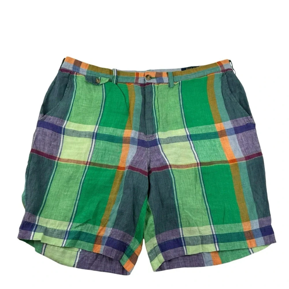 Polo Ralph Lauren Pure Linen Green‎ Orange Checked Short Size 36 Mint